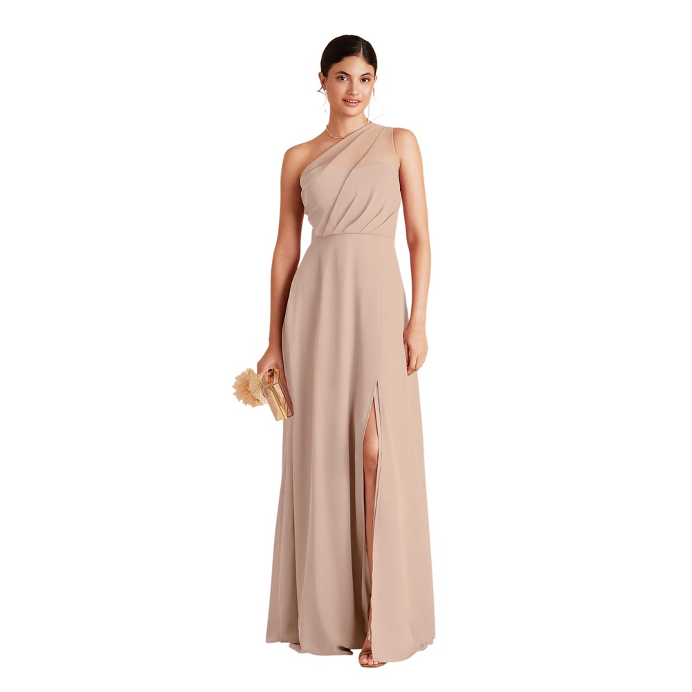 Birdy Grey Kira Dress Chiffon Taupe Sz M One Shoulder Maxi Dress Formal Pockets